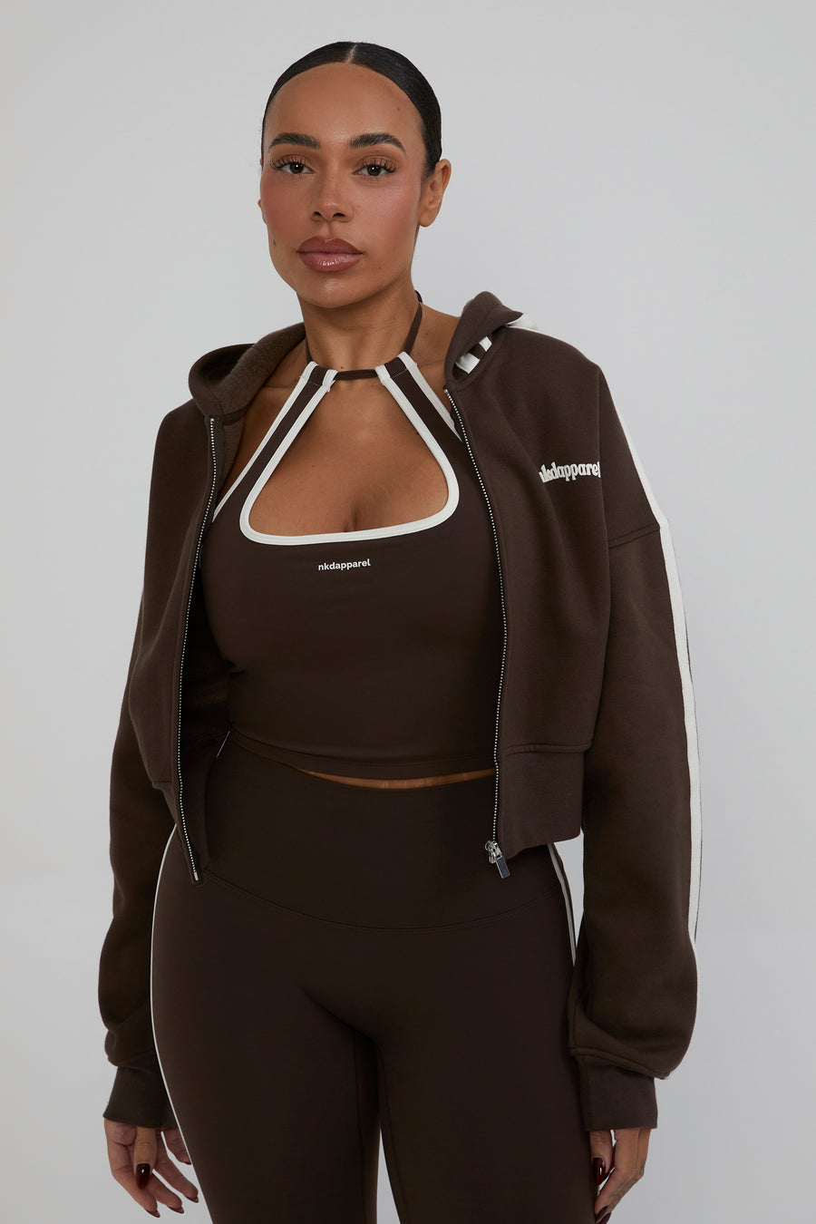 Zip Through Cropped Hoodie - Chocolate