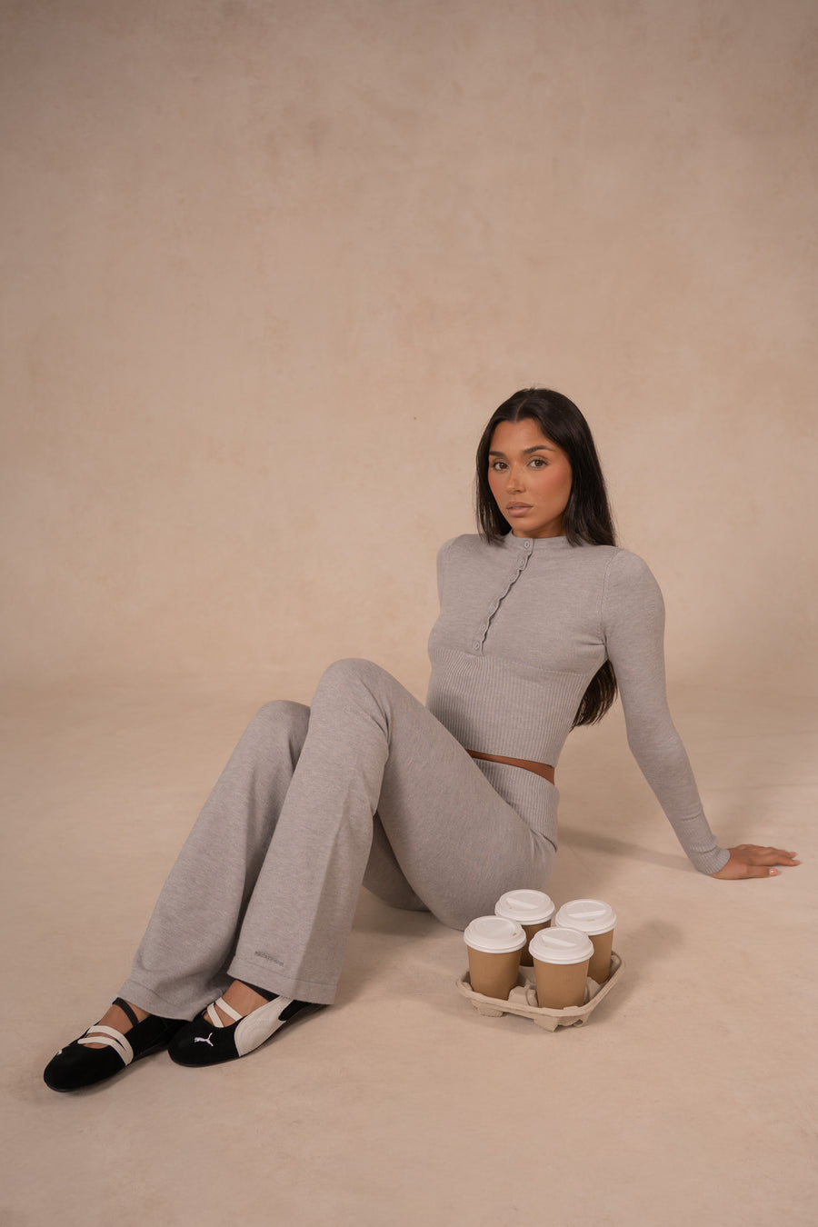 Knit Button Up Top - Speckle Grey