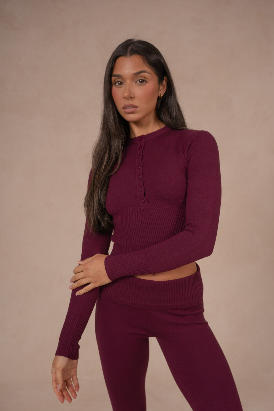Knit Button Up Top - Deep Cherry