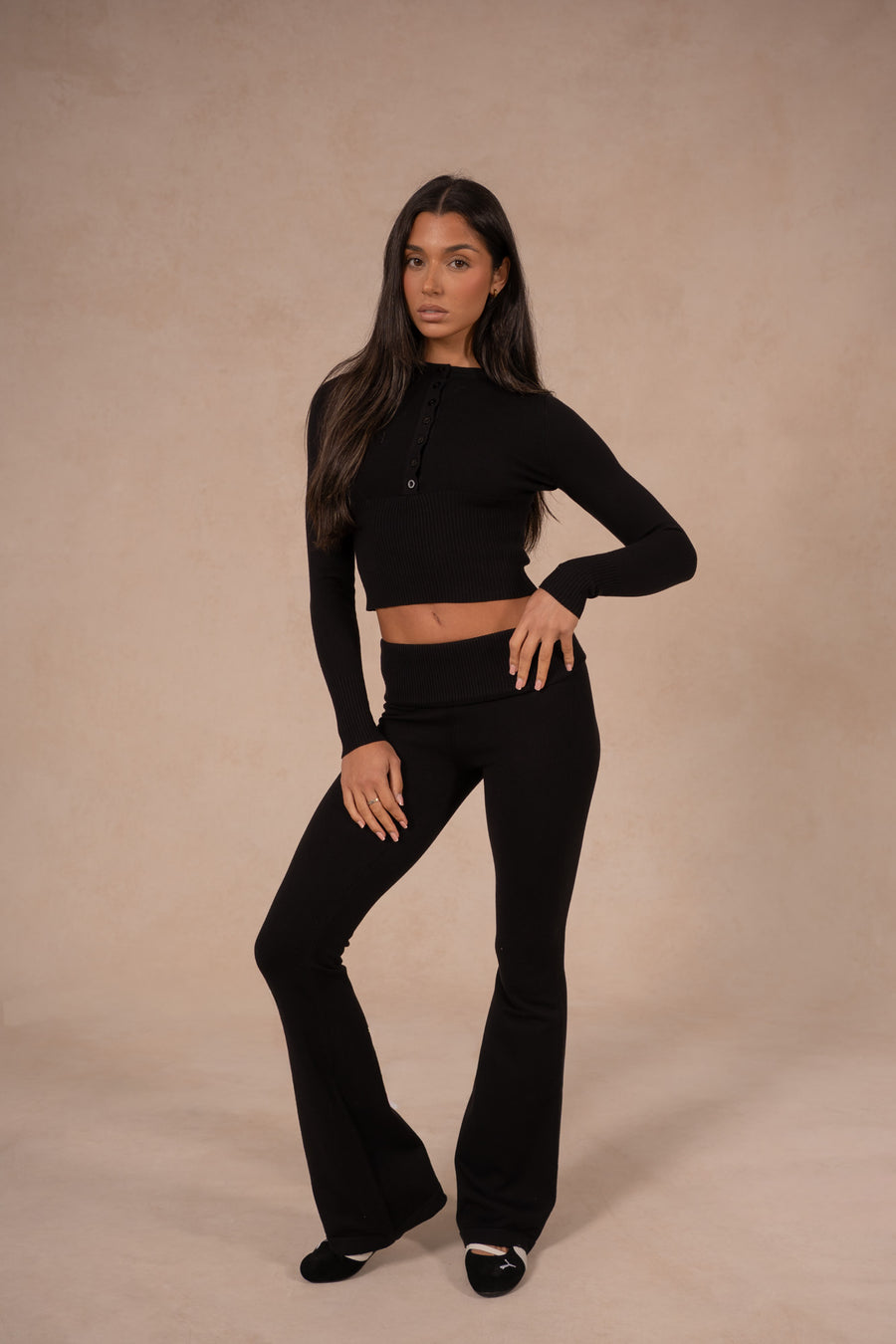 Knit Button Up Top - Midnight Black