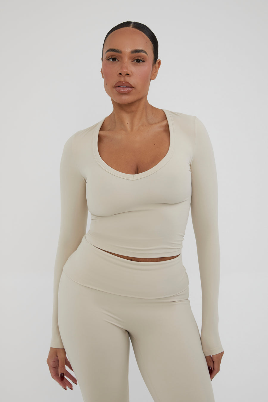 V Neck Classic Top - Almond