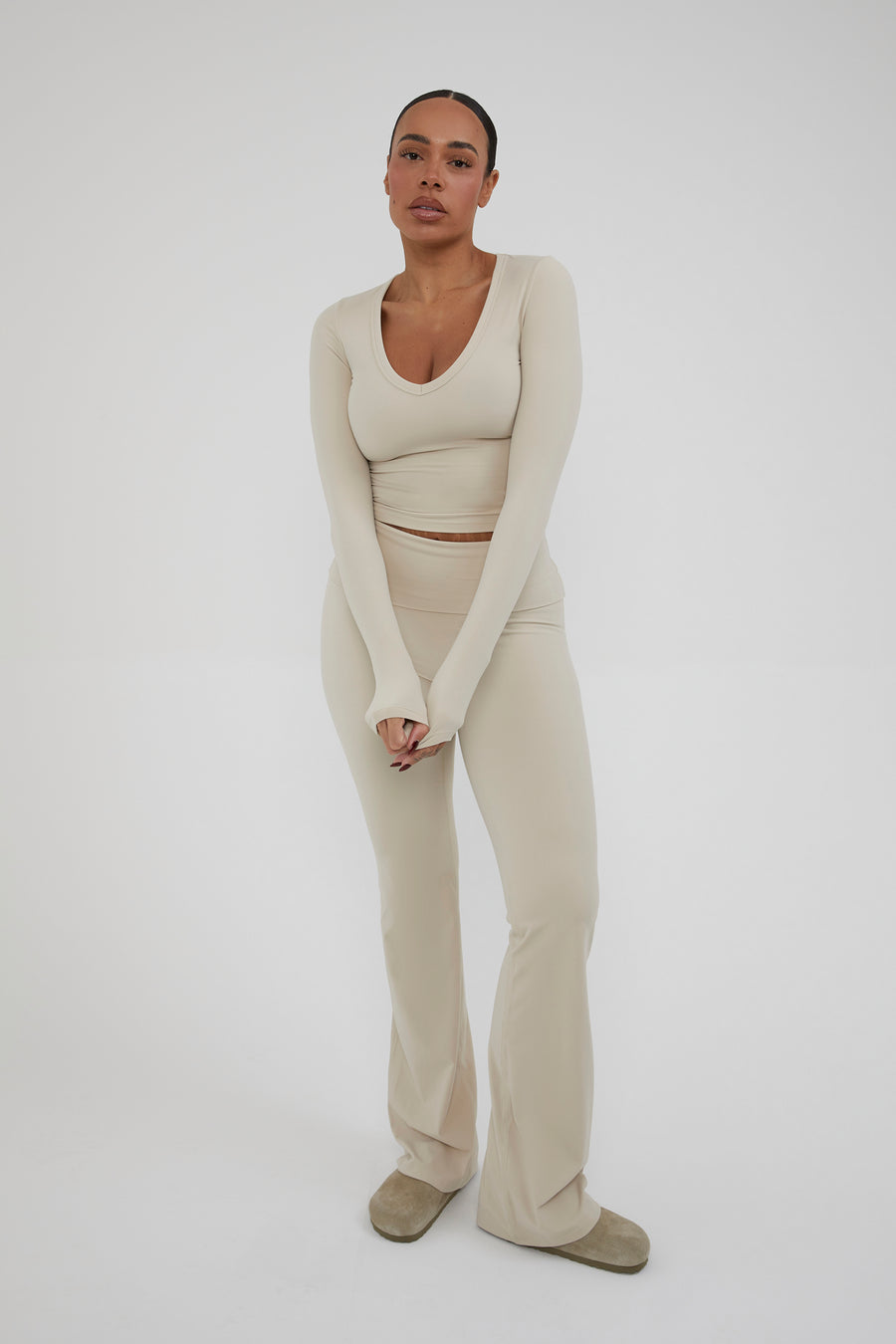 Fold Over Straight Leg Flare - Almond