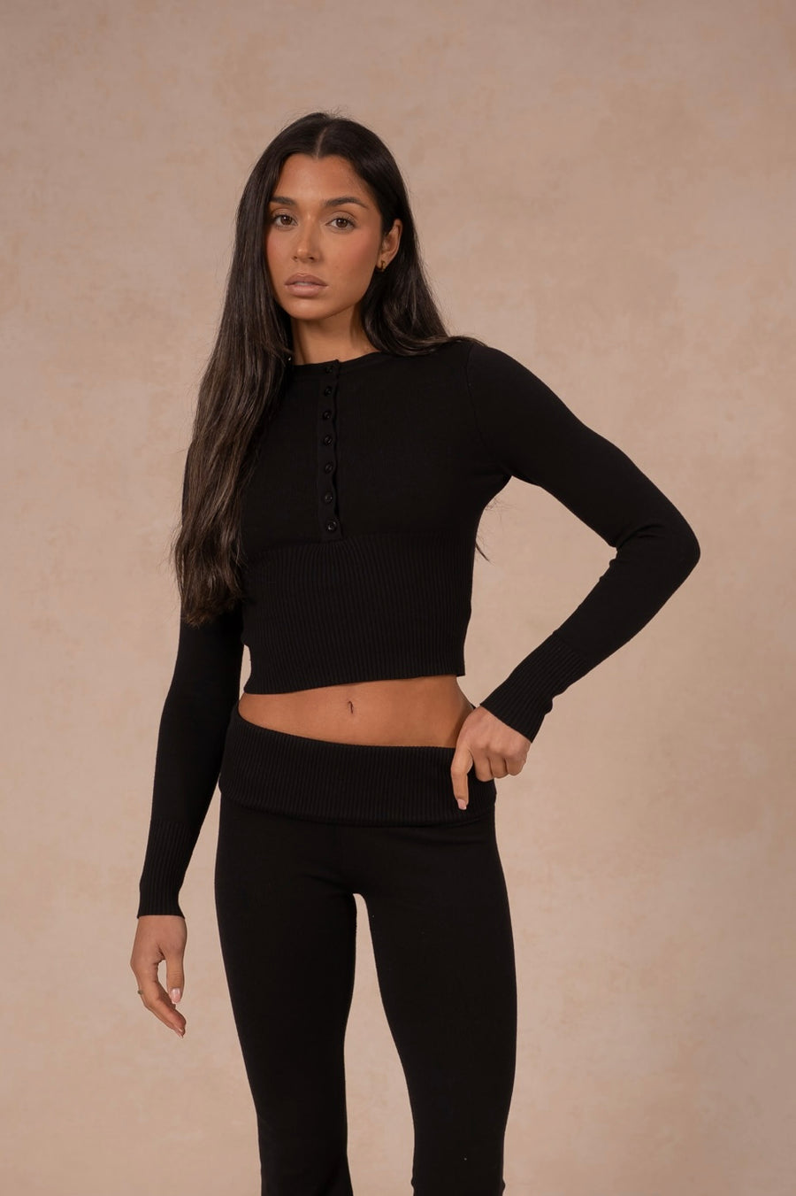 Knit Button Up Top - Midnight Black