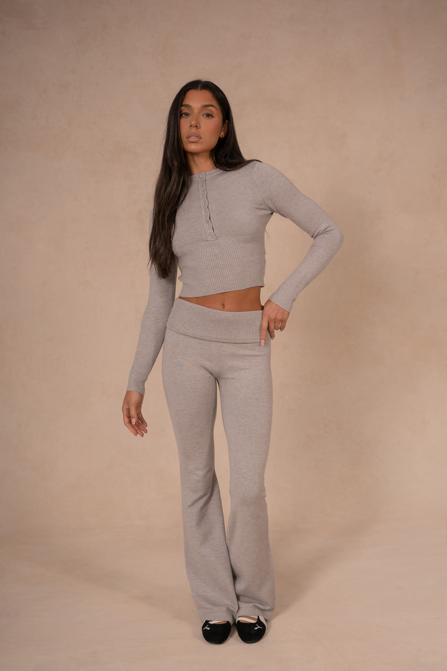 Knit Button Up Top - Speckle Grey