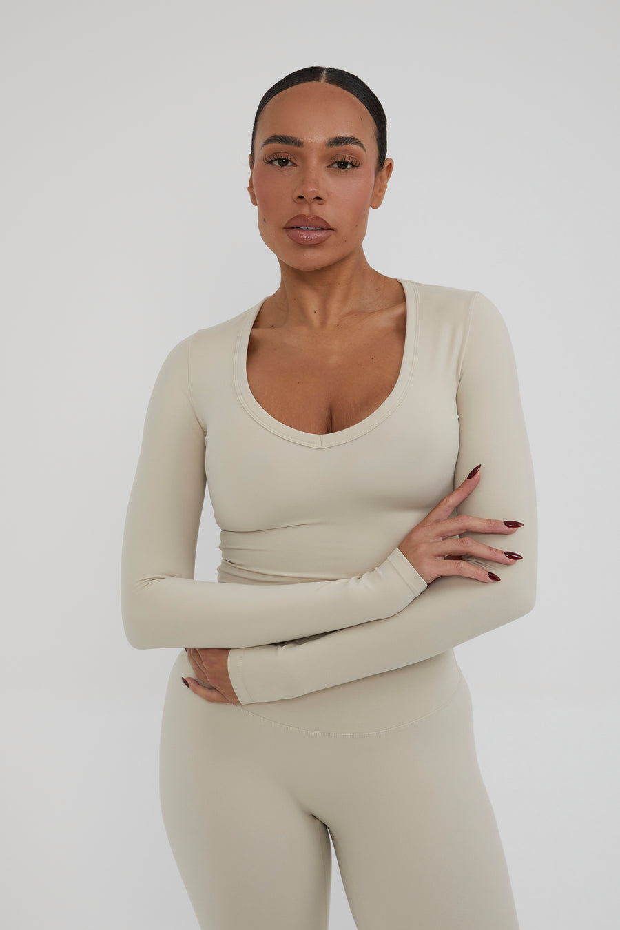 V Neck Classic Top - Almond
