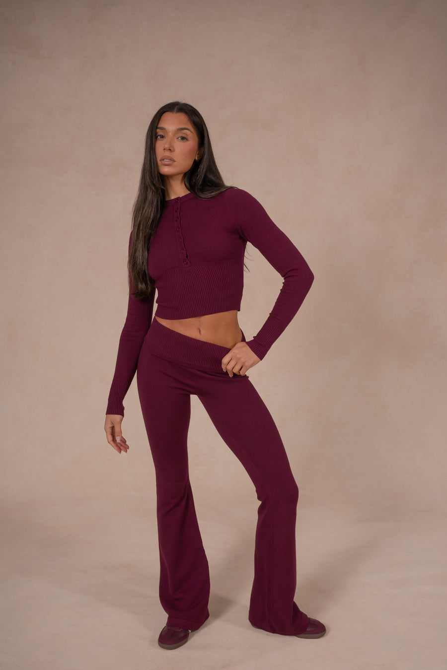 Knit Button Up Top - Deep Cherry