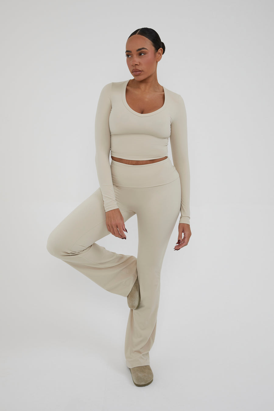 Fold Over Straight Leg Flare - Almond
