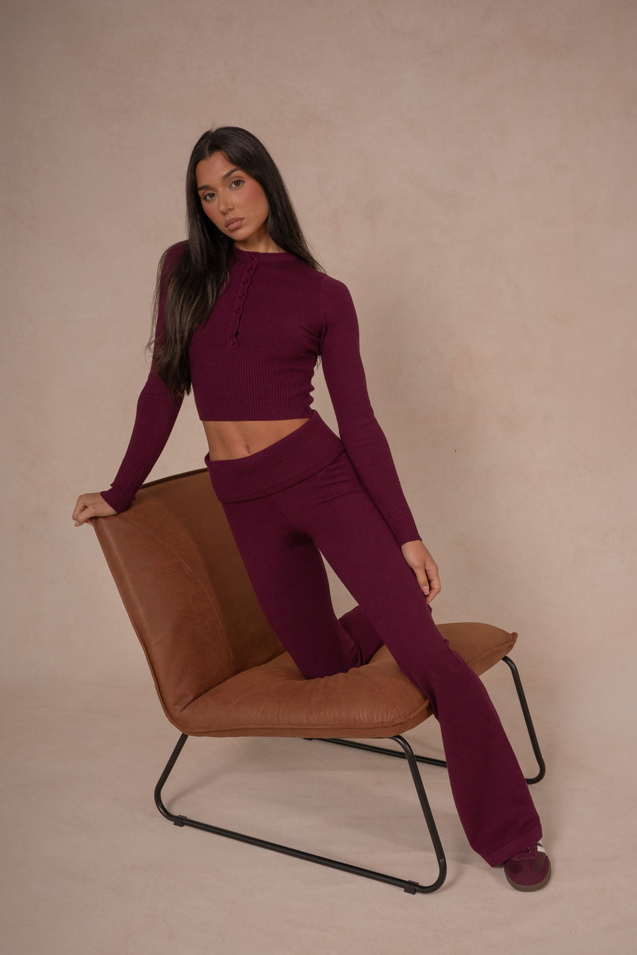 Knit Fold Over Flare - Deep Cherry