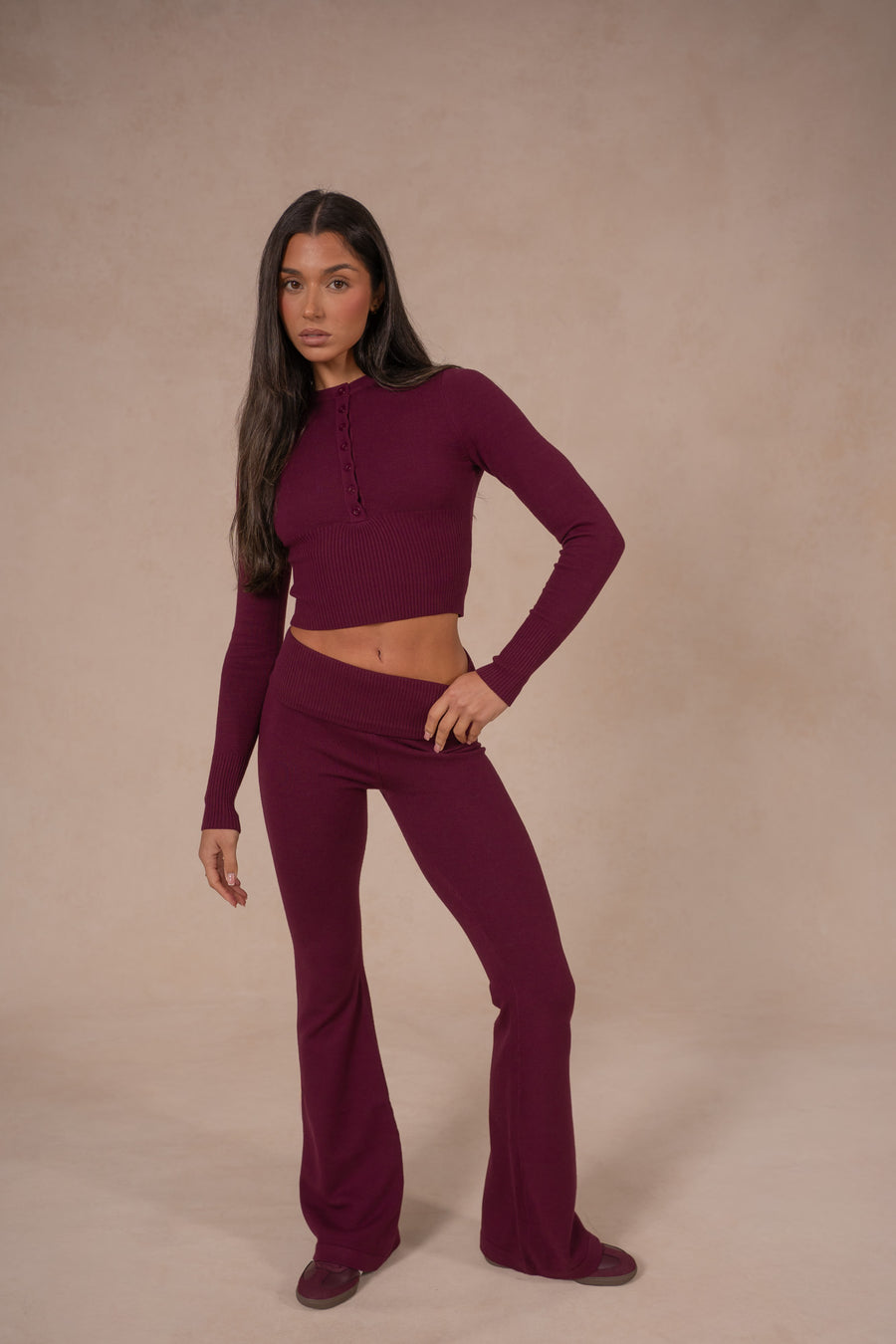Knit Button Up Top - Deep Cherry