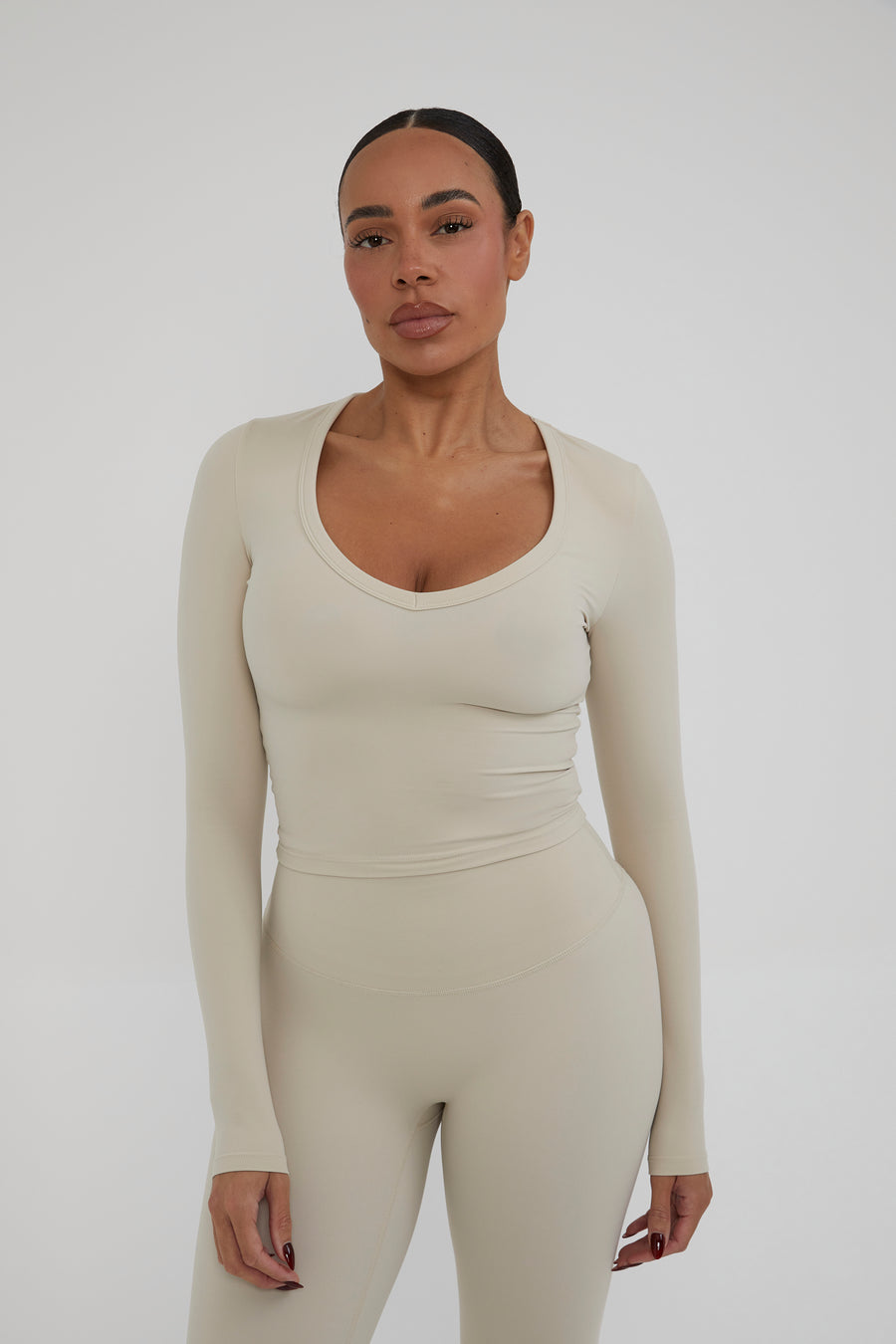 V Neck Classic Top - Almond