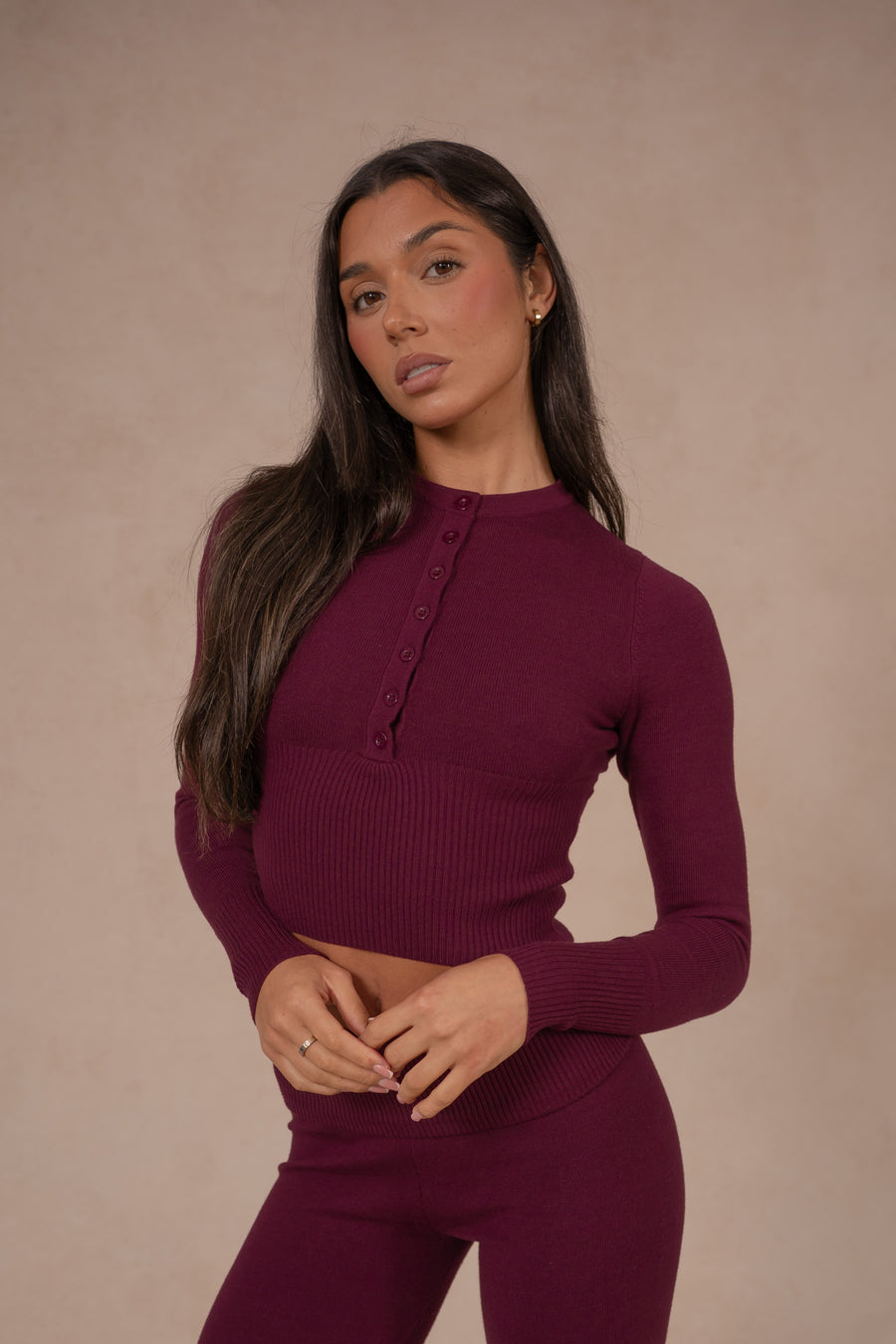 Knit Button Up Top - Deep Cherry