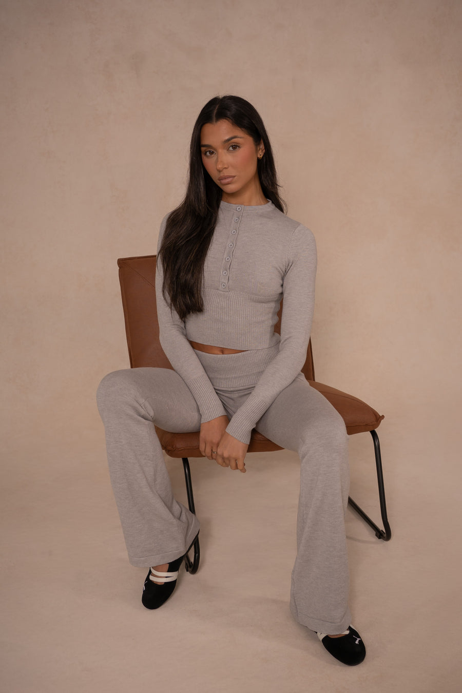 Knit Button Up Top - Speckle Grey