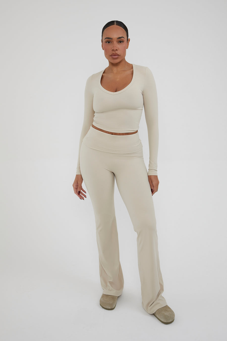 Fold Over Straight Leg Flare - Almond