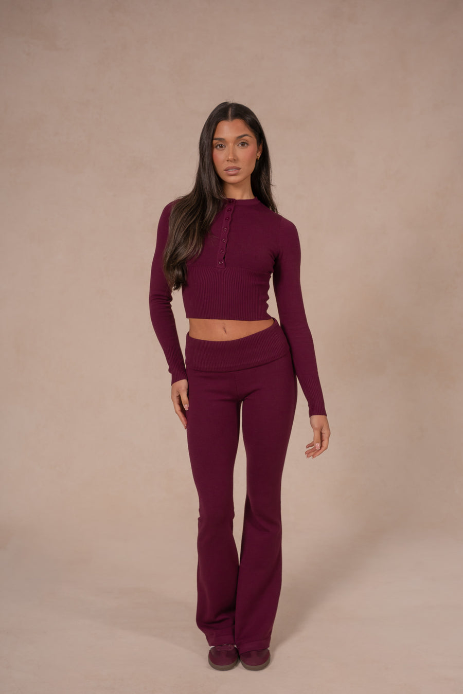 Knit Button Up Top - Deep Cherry