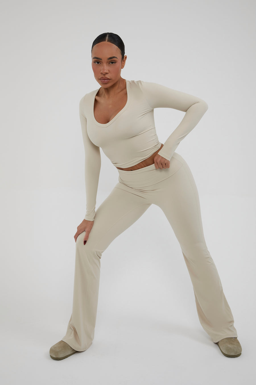 Fold Over Straight Leg Flare - Almond